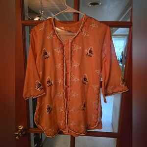 Marinella Vintage Button Down Embroidered Orange Butterfly Blouse